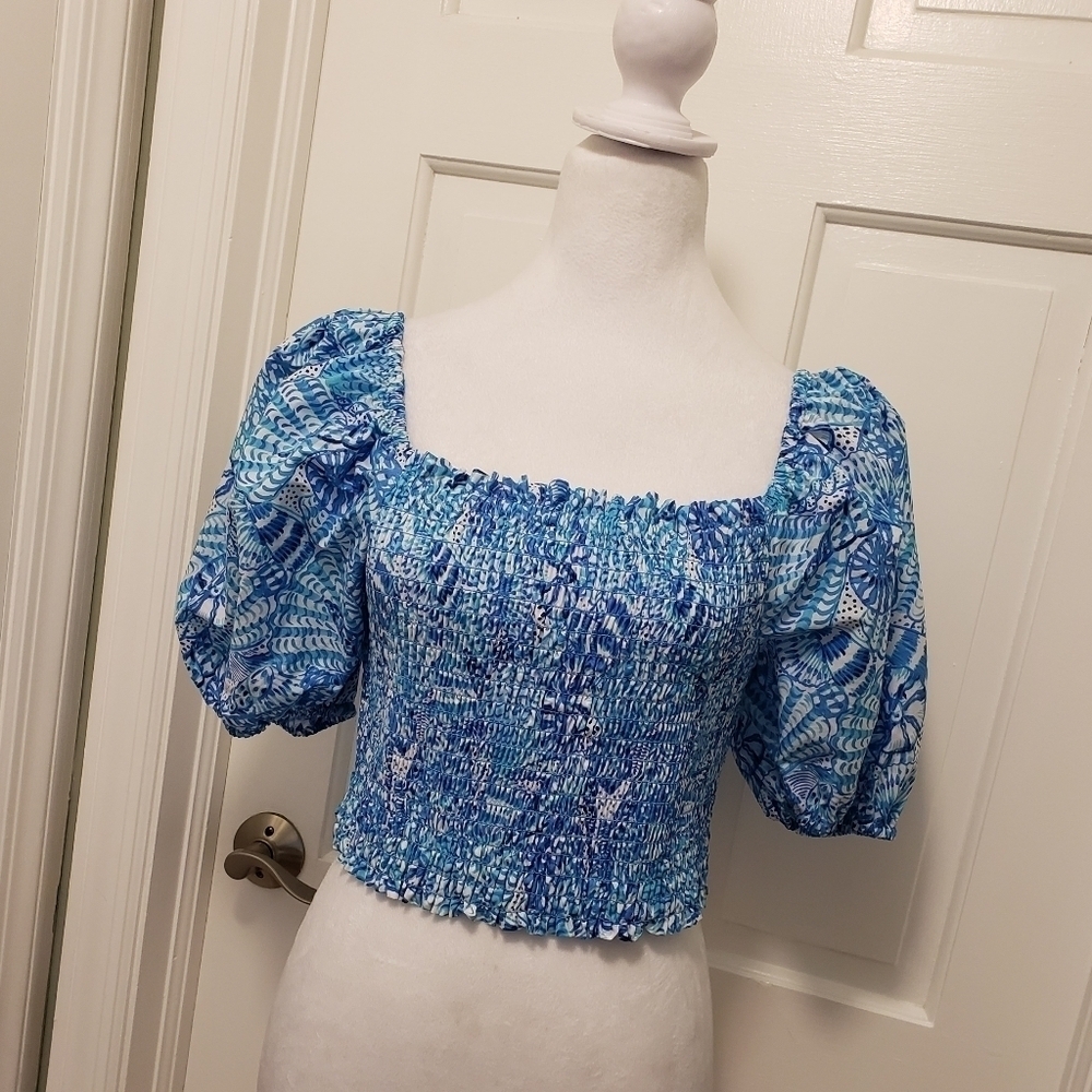 Lilly Pulitzer Aston Puff Sleeve Smocked Crop Top Size Medium